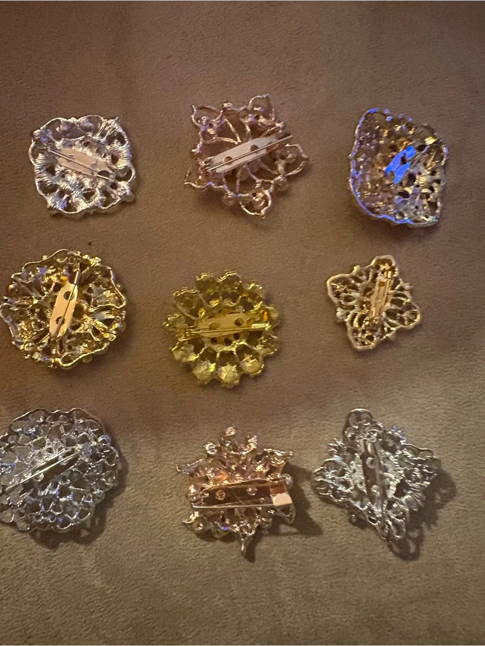 Set of Decorative Floral Brooches - Gold, Silver, Red, Green, Yellow set of 9